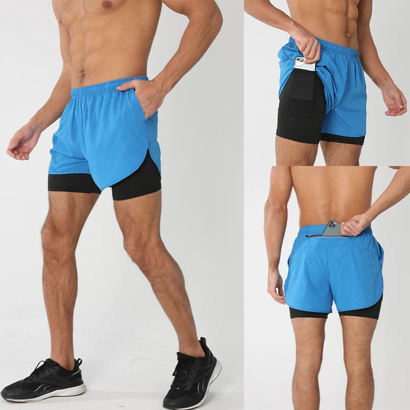 Men's Running Shorts Quick-drying Fitness Black Double Layer Shorts Men New Sport Workout Training Bodybuilding Short Pants