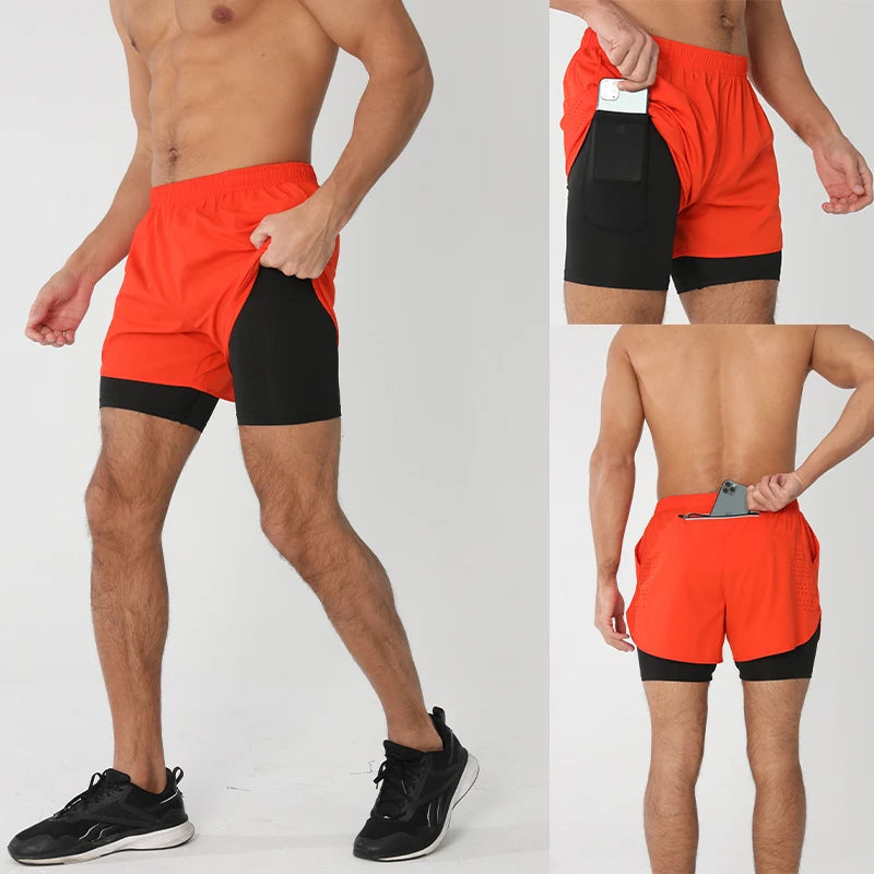 Men's Running Shorts Quick-drying Fitness Black Double Layer Shorts Men New Sport Workout Training Bodybuilding Short Pants