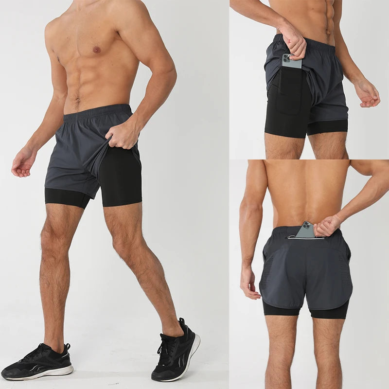 Men's Running Shorts Quick-drying Fitness Black Double Layer Shorts Men New Sport Workout Training Bodybuilding Short Pants